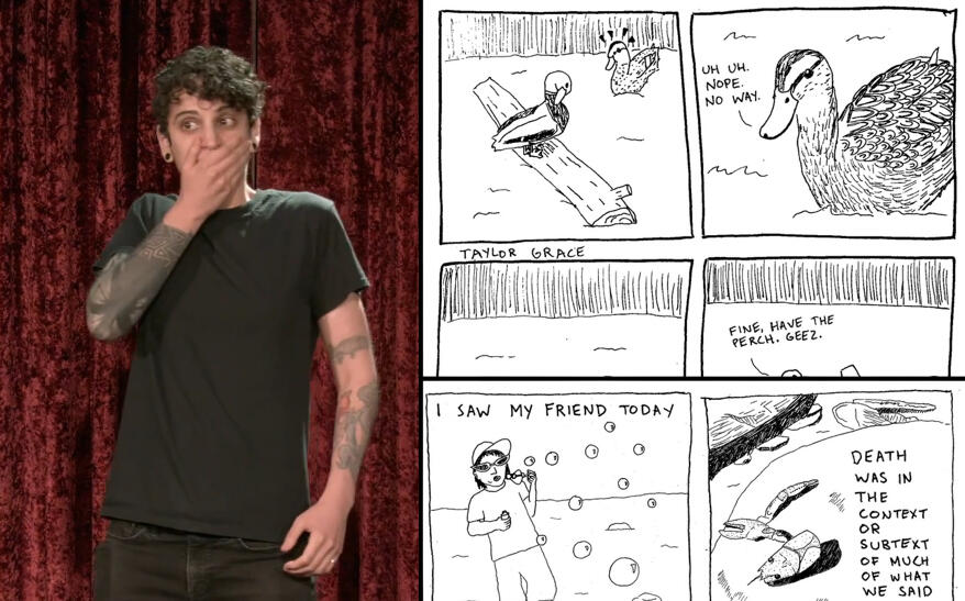 Images showing Taylor Grace in a storytelling performance and parts of comics