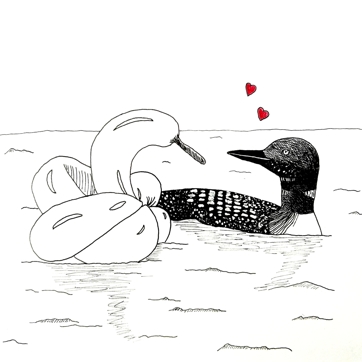 drawing of a loon crushing on a balloon